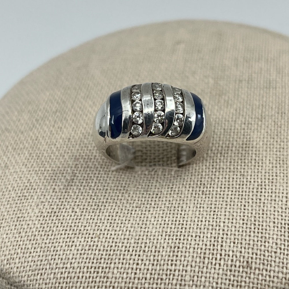 Vintage Sterling Silver Wide Band Ring with Enamel & CZ Accents Size 4.75 - Picture 3 of 16
